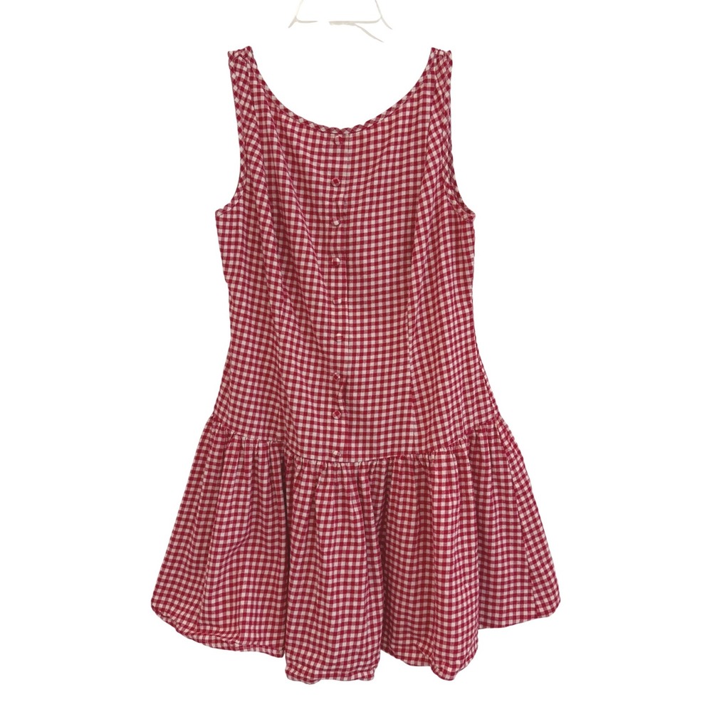 Rihoas Red Gingham Cotton Mini Dress Sleeveless Drop Waist Ruffle Red Cream L